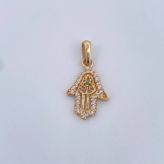 Pendant Hamsa Hand 1.6gr / 2.6cm / White Zircons Green 18K Yellow Gold &