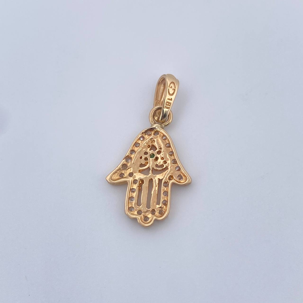 Pendant Hamsa Hand 1.6gr / 2.6cm / White Zircons Green 18K Yellow Gold &