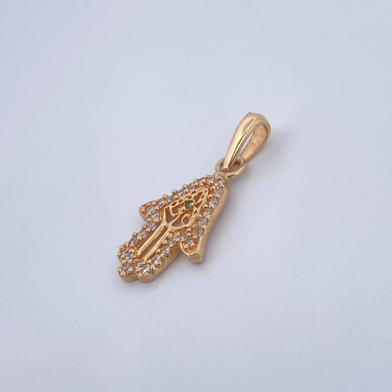Pendant Hamsa Hand 1.6gr / 2.6cm / White Zircons Green 18K Yellow Gold &