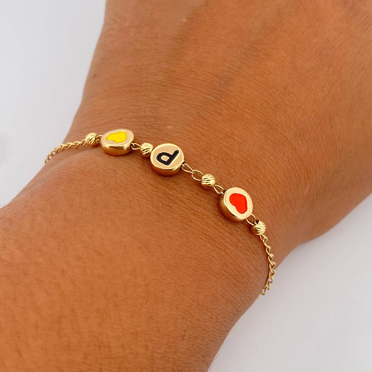 Bracelet Spikes Hearts 2.6gr / 18.4cm / 3mm Beads Diamond Cut 18K Yellow Gold &