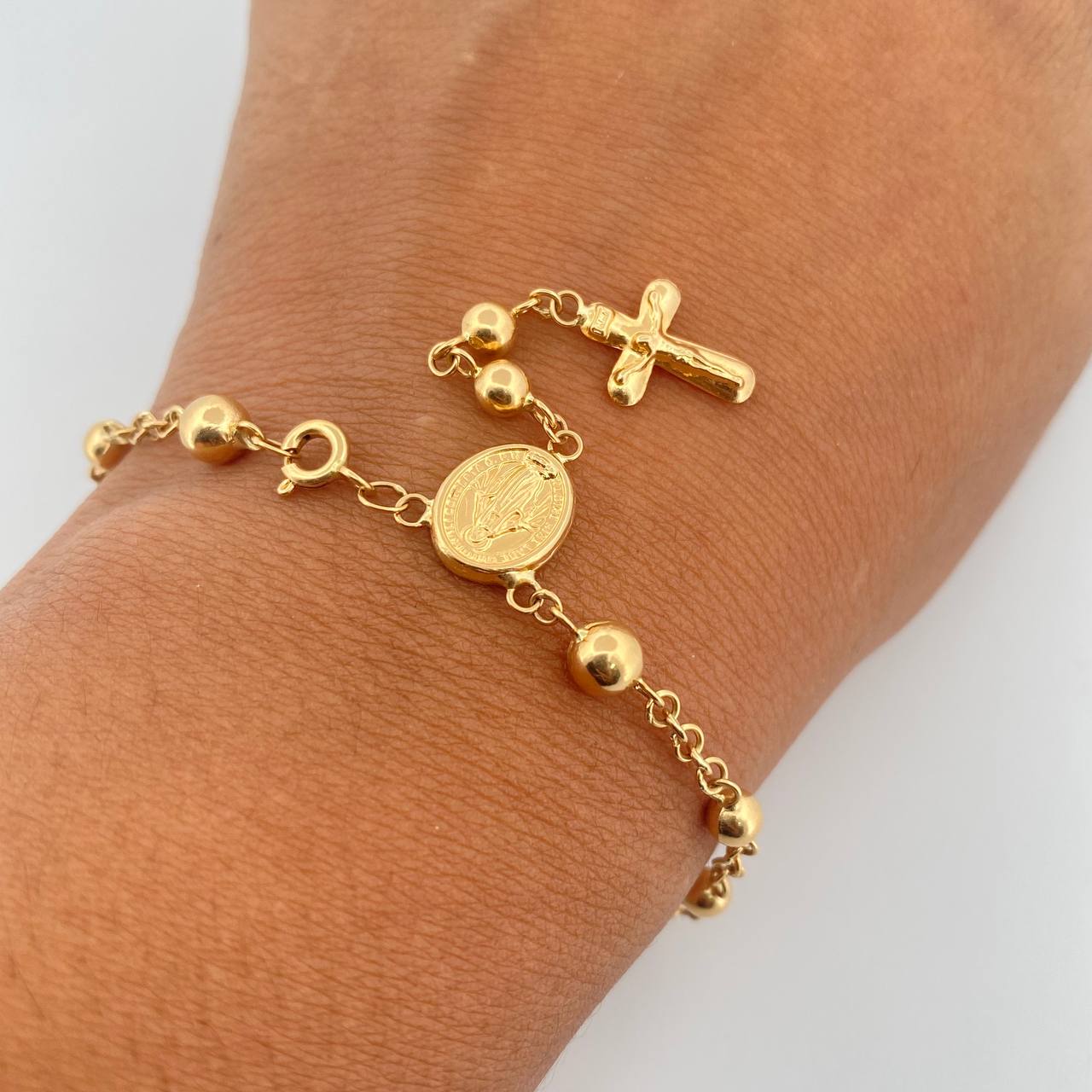 Pulso Denario Virgen Milagrosa 4.gr / 19cm / 4mm-5mm Bolas Lisas Oro Amarillo 18K &