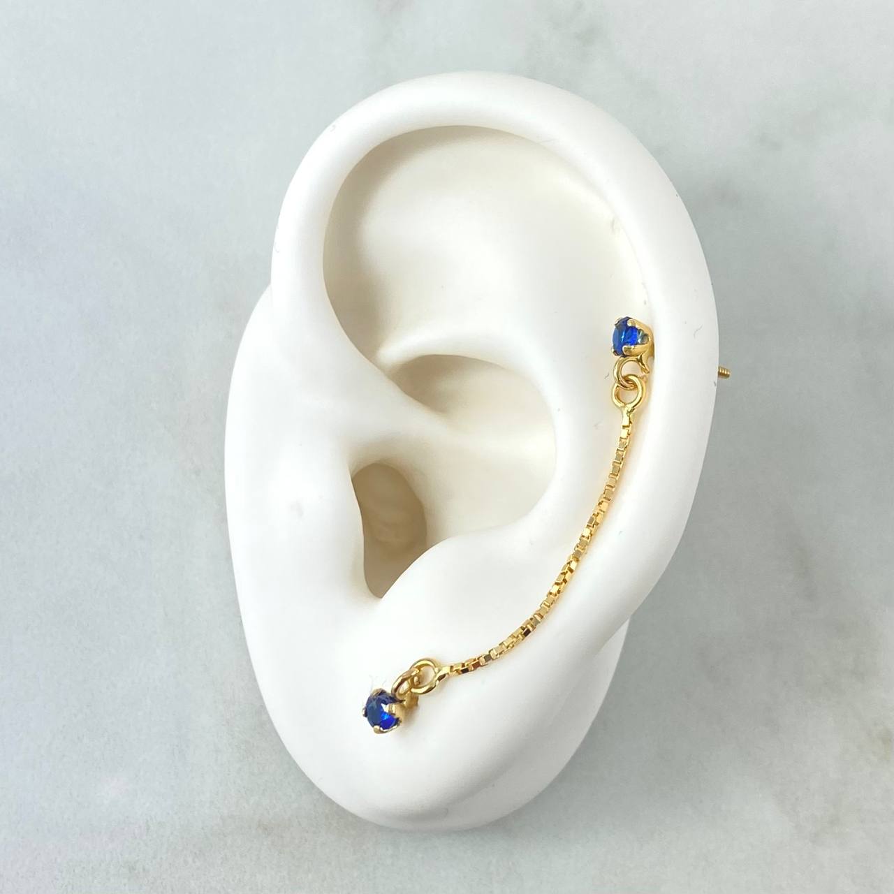 Double Pendant Piercing 0.8gr / 4cm / Thread Bead Royal Blue Zircon Yellow Gold 18K (Jewel) ©