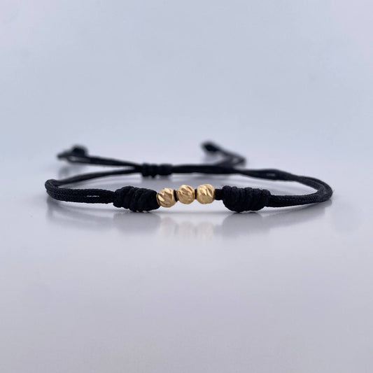Pulsera Negra 4mm 3 Und Bolas Diamantadas Oro Amarillo 18K (A.C)