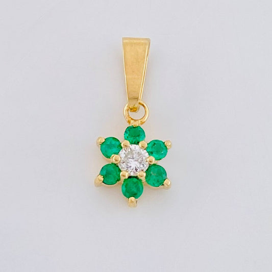 Pendant Flower Emeralds 9Pts Diamond 9Pts 0.85 g / 1/2 in Yellow Gold 18K