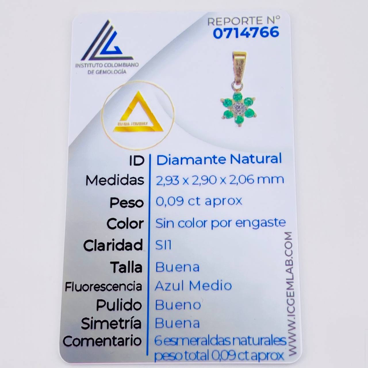 Dije Flor Esmeraldas 9Pts Diamante 9Pts 0.85 g / 1/2 in Oro Amarillo 18K