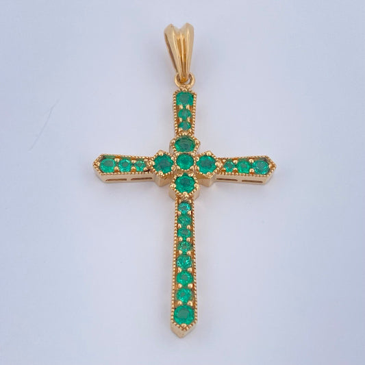 Pendant Cross Flower Emerald 3.05gr / 1.5in / 18K Gold +