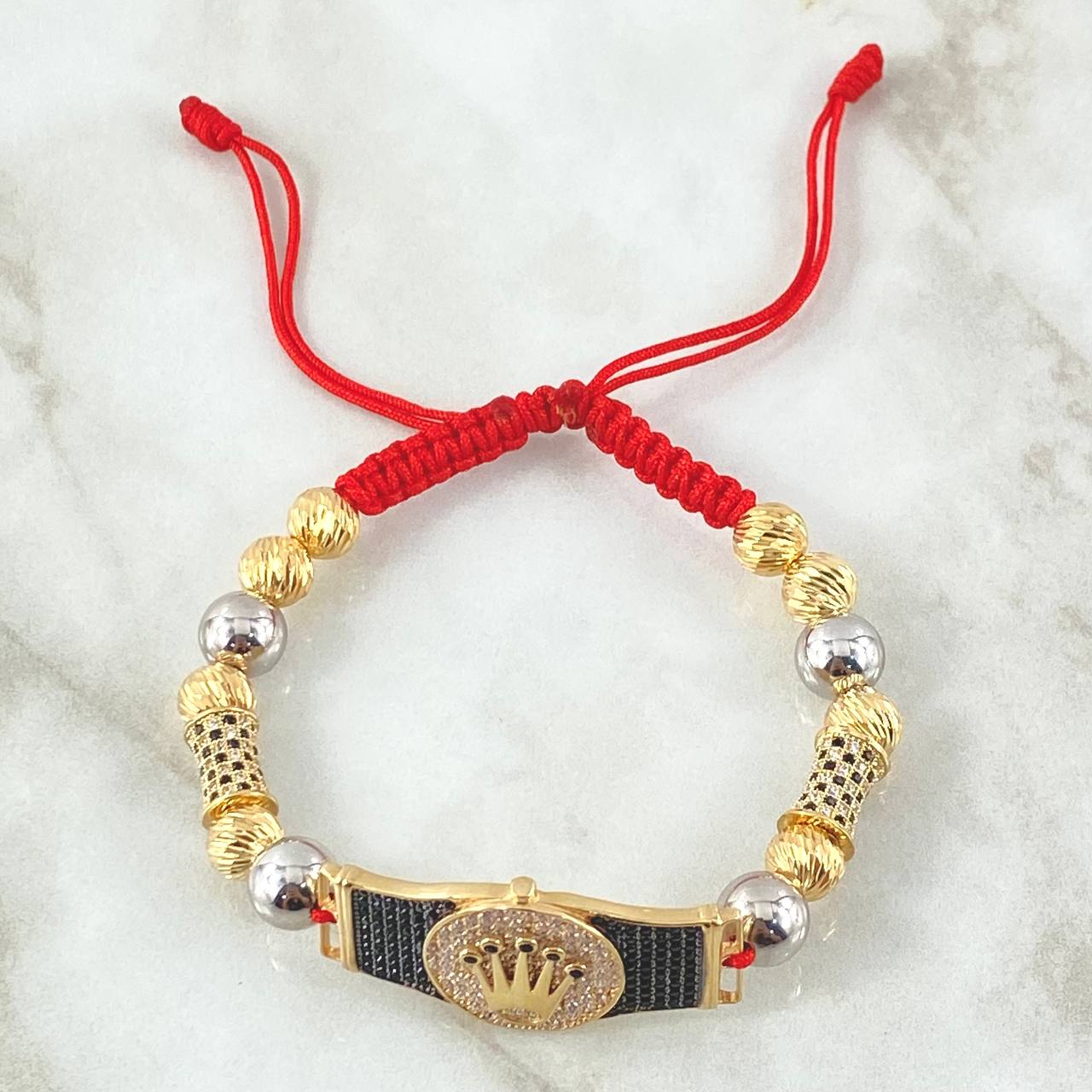 Red Bracelet Charm Crown Belt 13.3gr / 7mm-8mm Beads Polished Diamond Cut 14pcs Two-tone Yellow White 18K