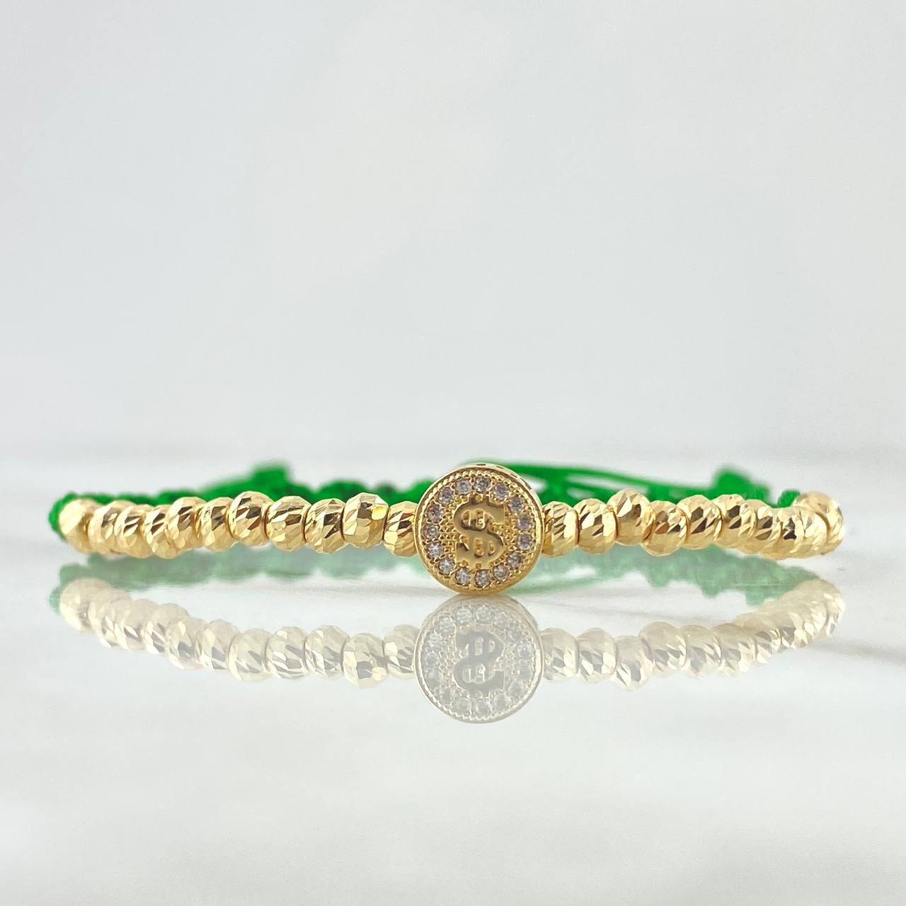 Green Bracelet Charm Drum Dollar Sign 3.5gr / 3mm Beads Diamond Cut 28pcs White Zircons 18K Yellow Gold