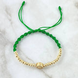 Green Bracelet Charm Drum Dollar Sign 3.5gr / 3mm Beads Diamond Cut 28pcs White Zircons 18K Yellow Gold