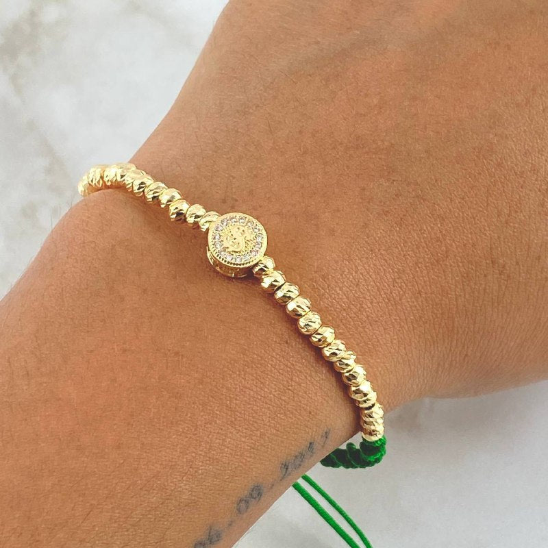 Green Bracelet Charm Drum Dollar Sign 3.5gr / 3mm Beads Diamond Cut 28pcs White Zircons 18K Yellow Gold