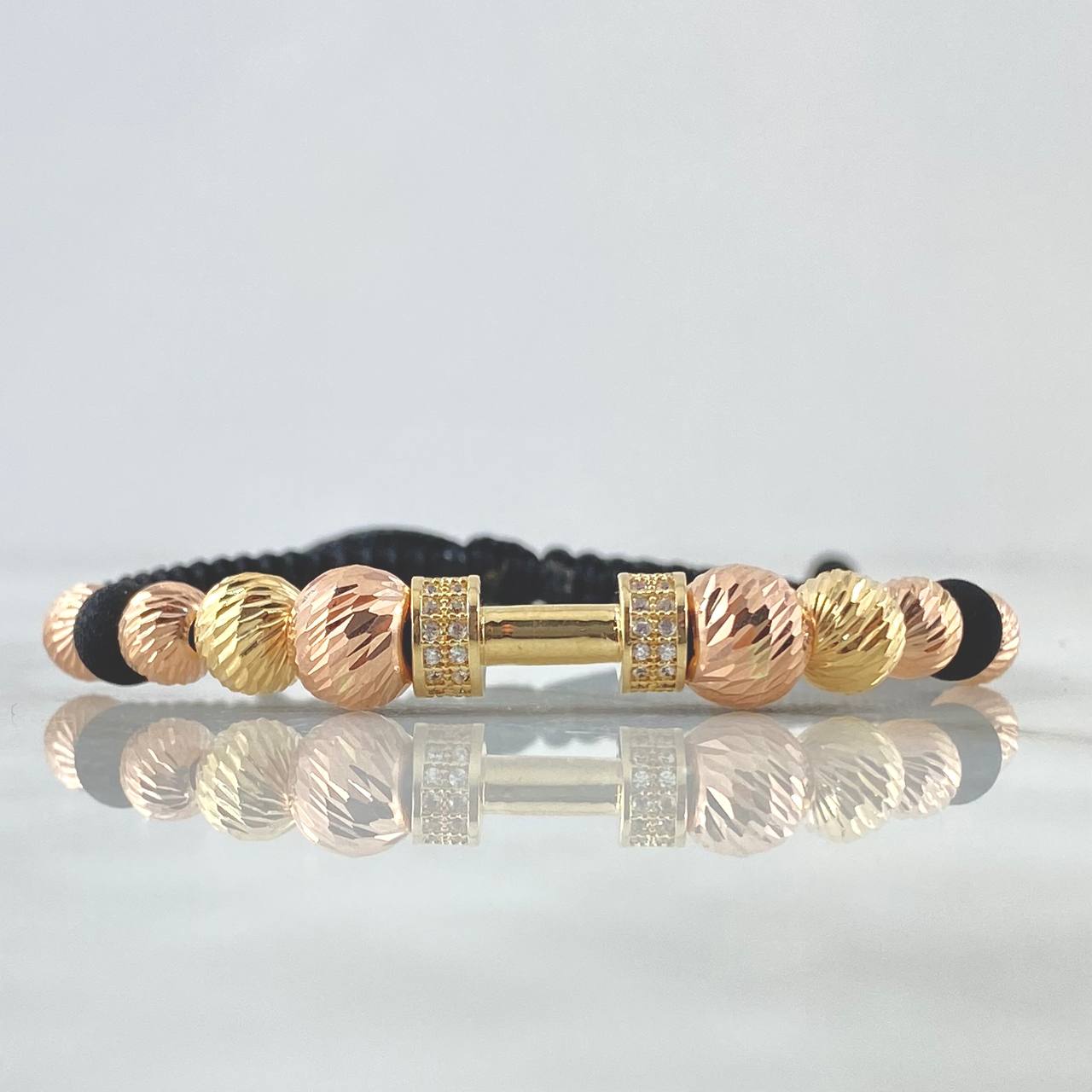 Black Bracelet Charm Weighs 4.1gr / 5mm-6mm-7mm Beads Diamond Cut Neoprenes White Zircons Two 18K Yellow and Rose Golds