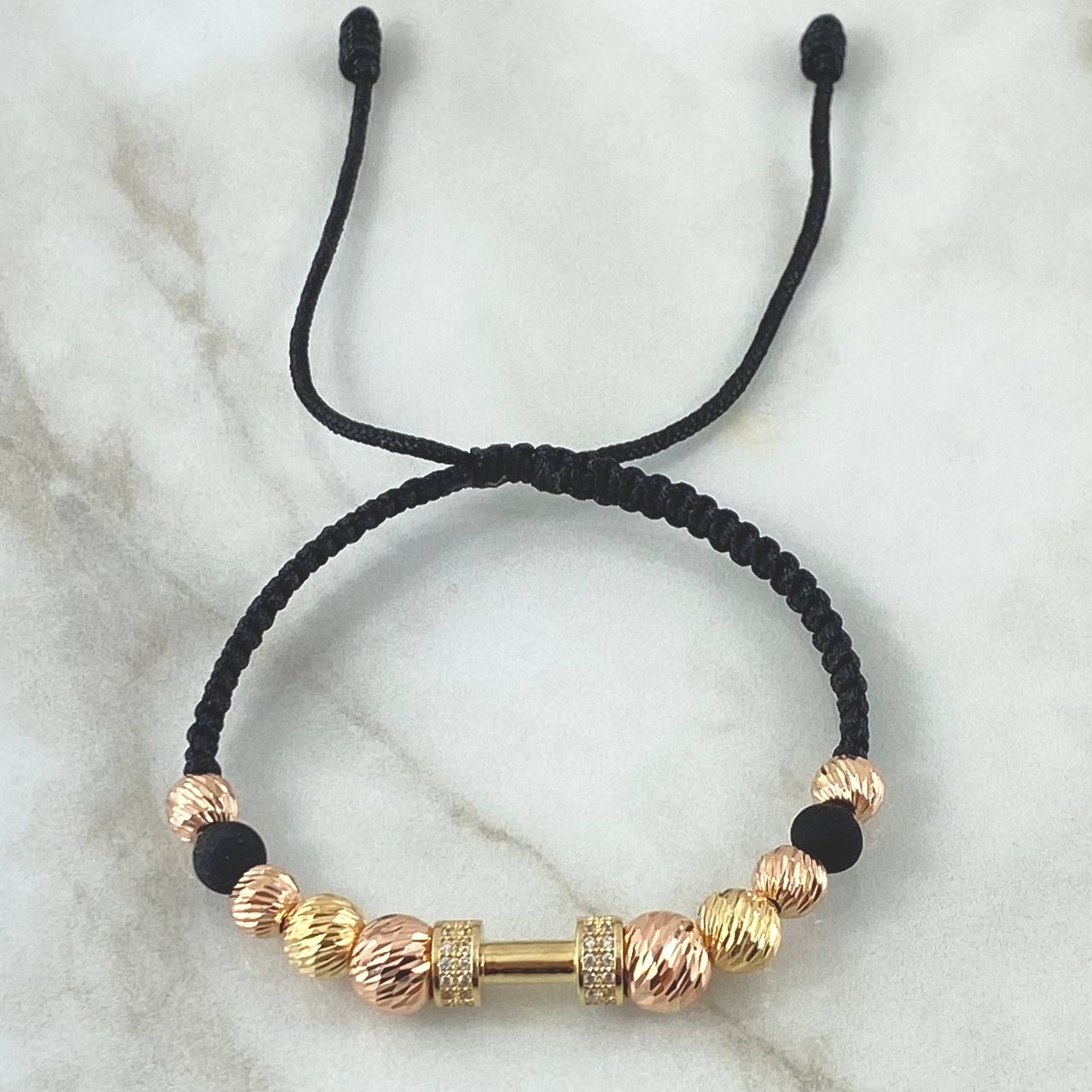 Black Bracelet Charm Weighs 4.1gr / 5mm-6mm-7mm Beads Diamond Cut Neoprenes White Zircons Two 18K Yellow and Rose Golds