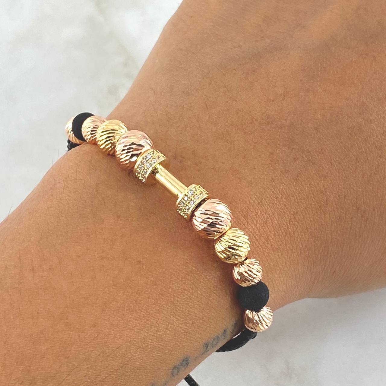 Black Bracelet Charm Weighs 4.1gr / 5mm-6mm-7mm Beads Diamond Cut Neoprenes White Zircons Two 18K Yellow and Rose Golds