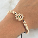 Pulsera Negra Herraje Timon 6.15gr / 6mm Bolas Diamantadas 14und Circones Blancos Verde Dos Oros Amarillo Rosa 18K ©