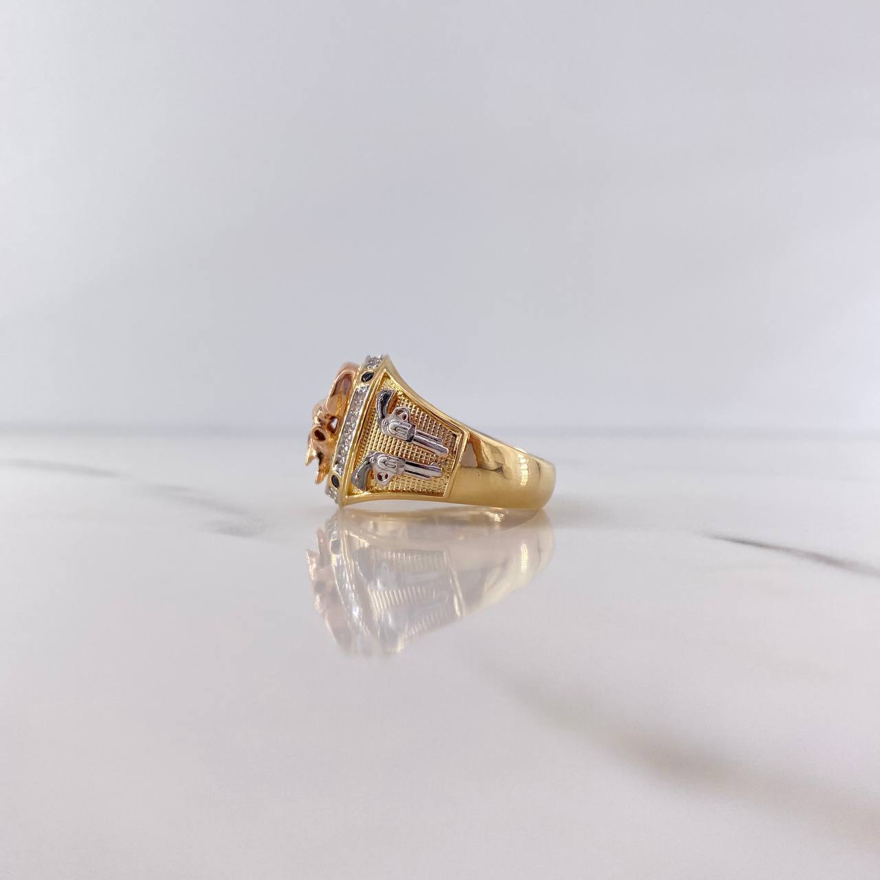 Buffalo Skull Ring 10.45gr / Size 9 3/4 / Black and White Zircon Arms Three 18K Golds &