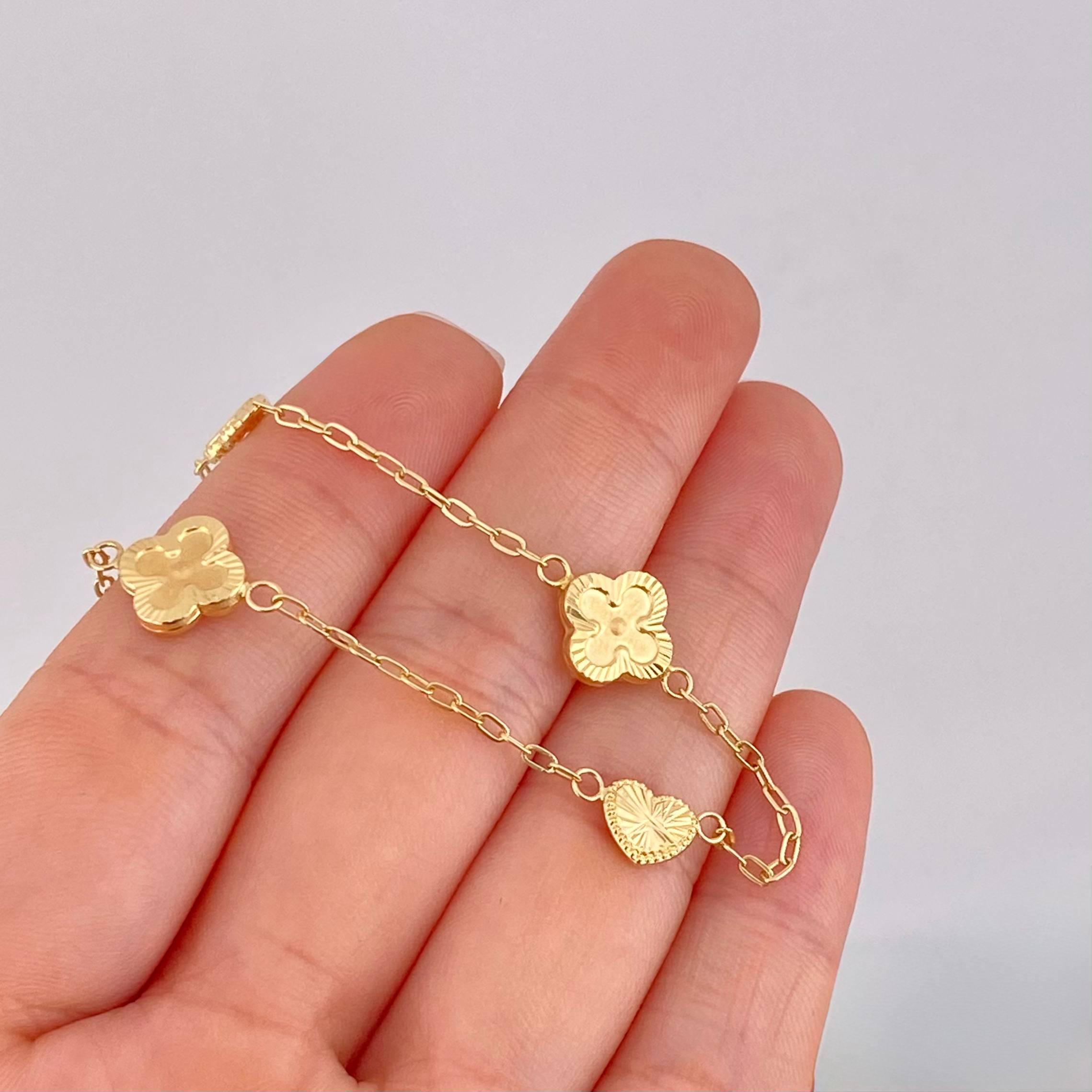 Pulso Aro Seguido Trébol y Corazón Diamantados 2.55g / 7 1/4 in / 1.65mm Oro Amarillo 18K
