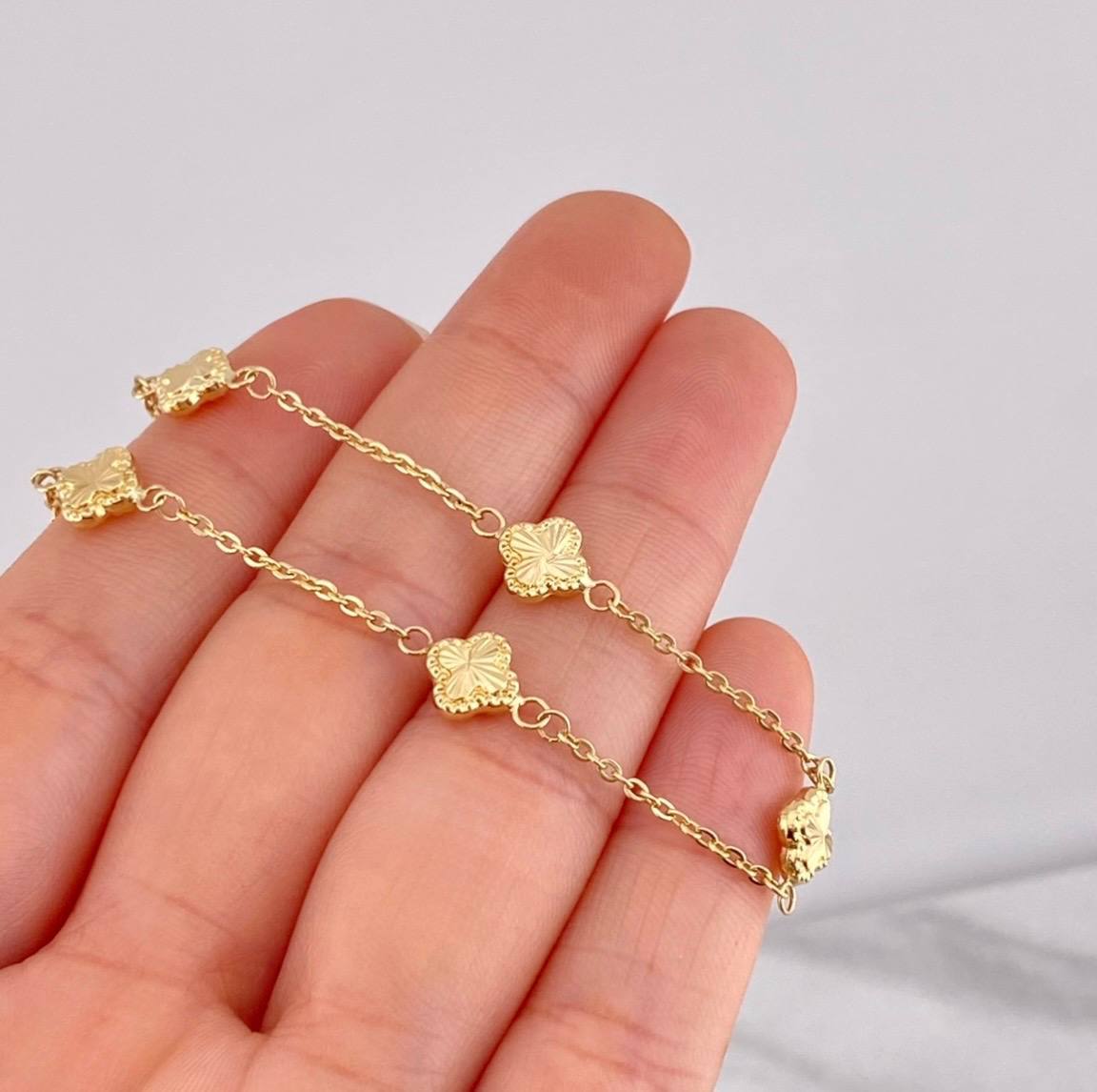 Pulso Aro Seguido Trébol Diamantado 2.6g / 7 1/4 in / 1.55mm Oro Amarillo 18K