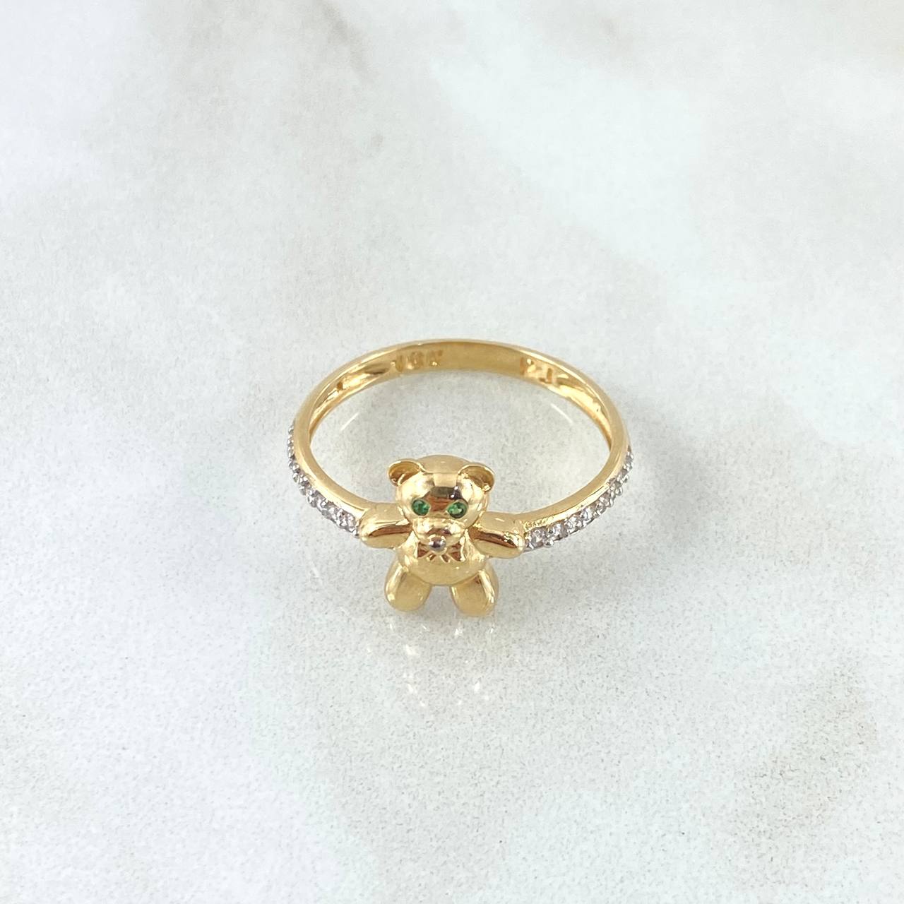 Bear Ring In Half Churumbela 2.45gr / Size 7 / Green Zircon Eyes White Zircons 18K Yellow Gold *
