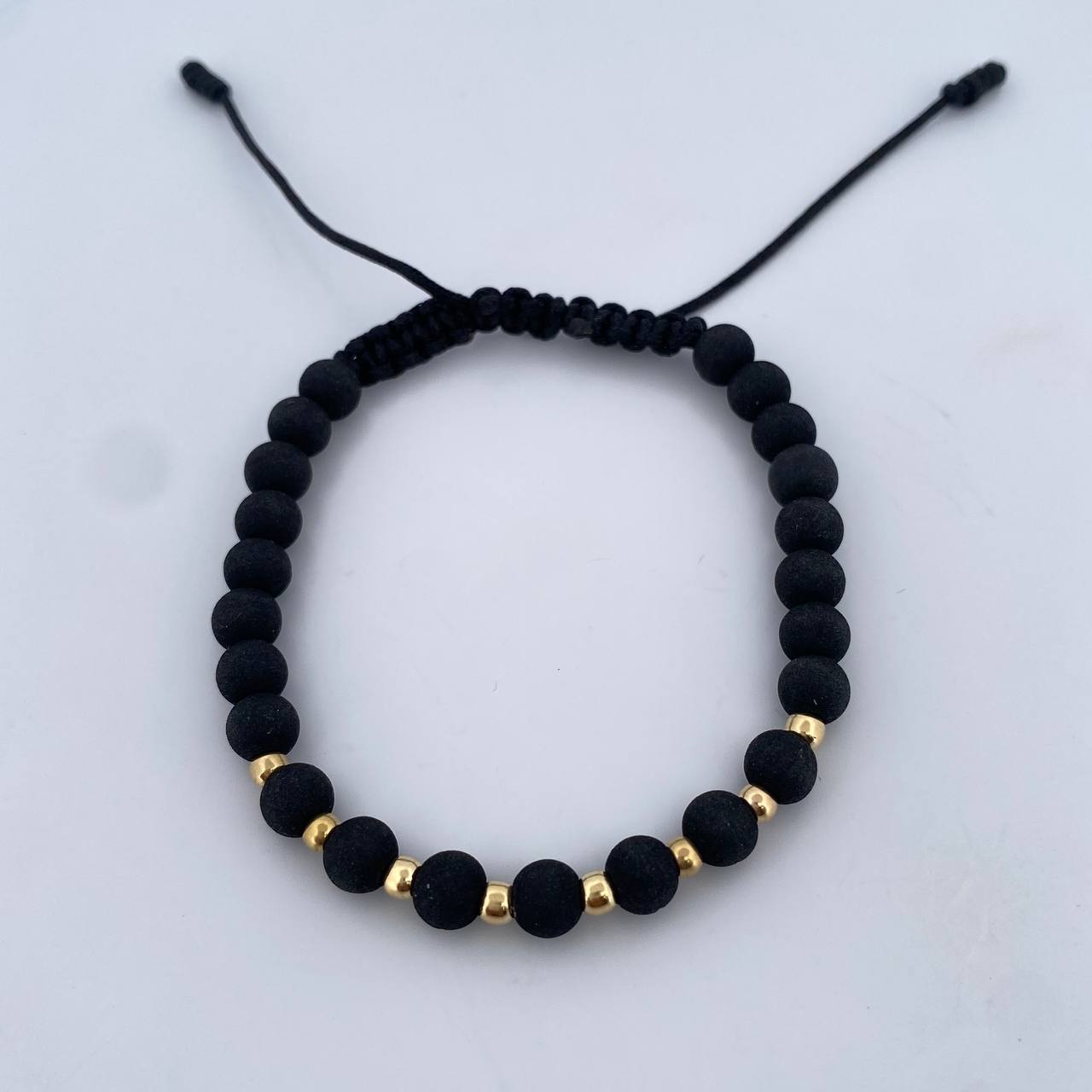 Pulsera Negra 3mm Bolas Lisas 8 und Neoprenos Oro Amarillo 18K (A.C)