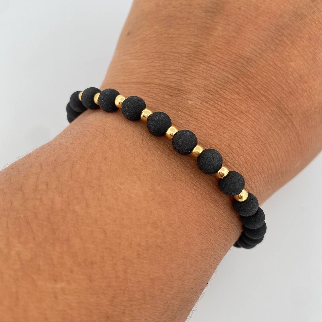 Pulsera Negra 3mm Bolas Lisas 8 und Neoprenos Oro Amarillo 18K (A.C)