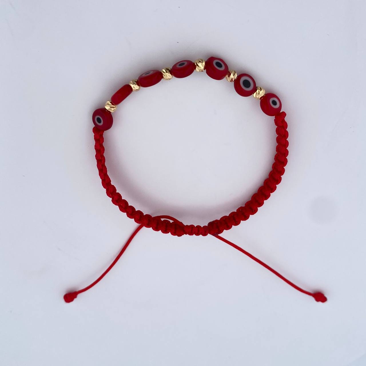 Pulsera Roja Ojo Turco 3mm 6 Und Bolas Diamantadas Oro Amarillo 18K (A.C)