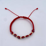 Pulsera Roja Ojo Turco 3mm 6 Und Bolas Diamantadas Oro Amarillo 18K (A.C)