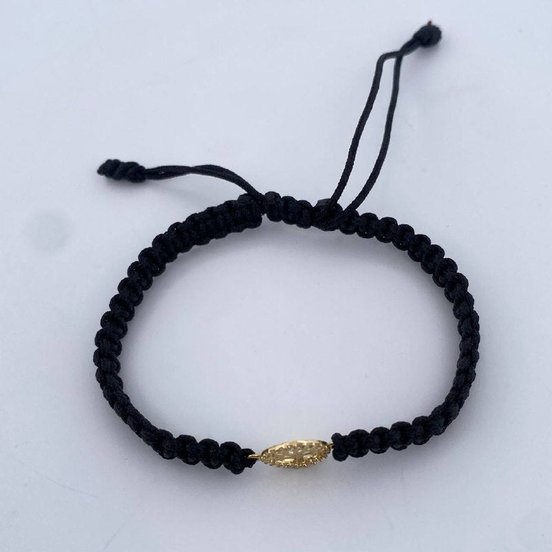 Pulsera Negra Arbol De La Vida 0.4gr / Circones Blancos Oro Amarillo 18K &
