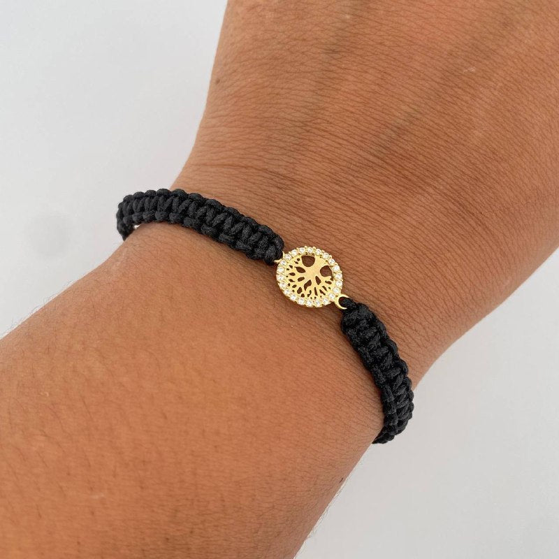 Pulsera Negra Arbol De La Vida 0.4gr / Circones Blancos Oro Amarillo 18K &