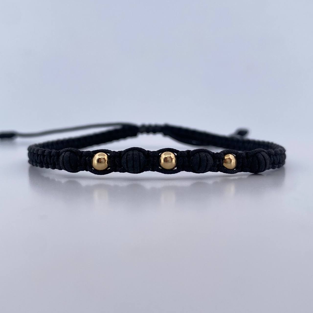 Black Bracelet 3mm Polished Beads 3 pcs Neoprenes 18K Yellow Gold (A.C)