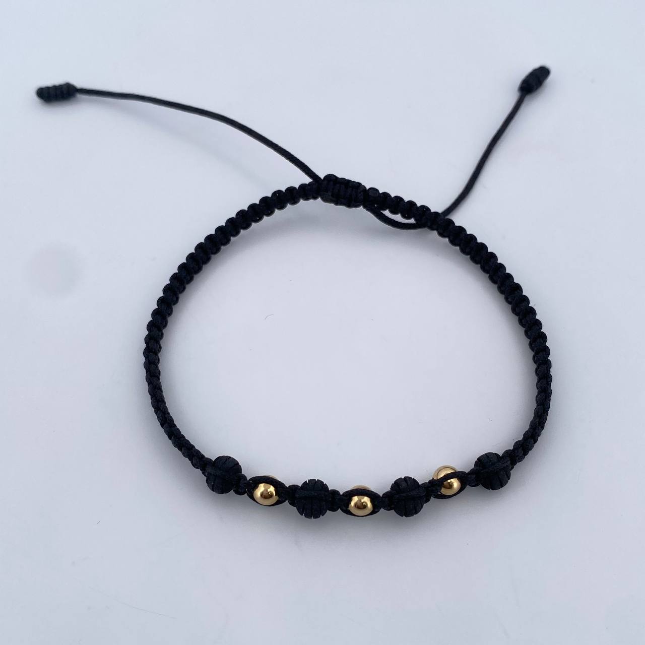 Black Bracelet 3mm Polished Beads 3 pcs Neoprenes 18K Yellow Gold (A.C)