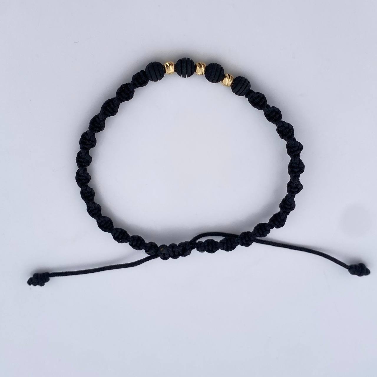 Pulsera Negra 3mm 3 Und Bolas Diamantadas Neoprenos Oro Amarillo 18K (A.C)