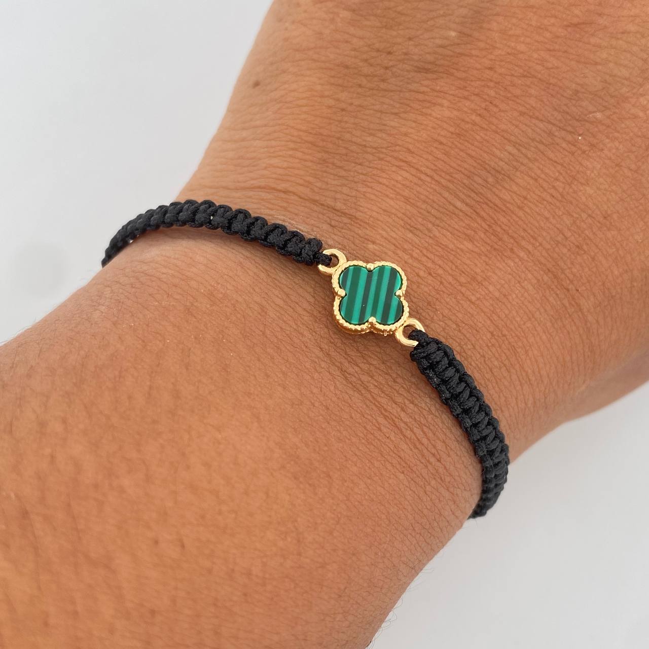 Black Bracelet Clover  0.85gr / Green Malachite Yellow Gold 18K &