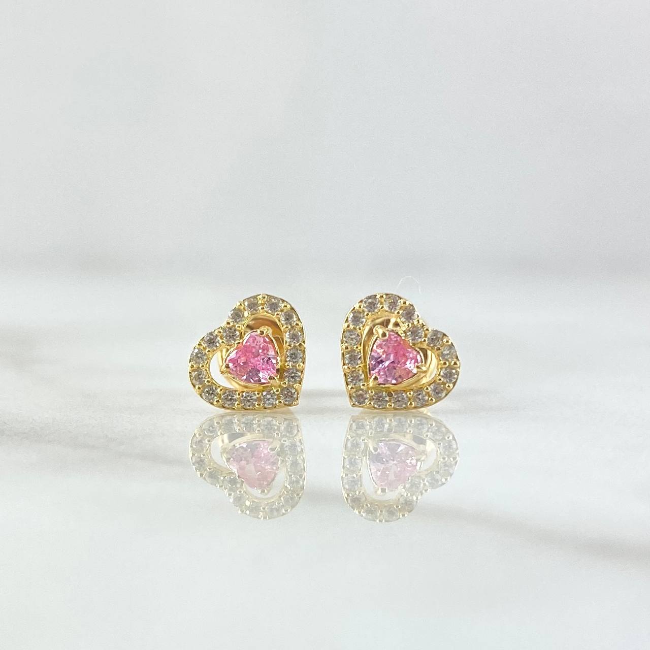 Stud Earrings Heart 1.1gr / 7mm White Zircons Pink Yellow Gold 18K ©