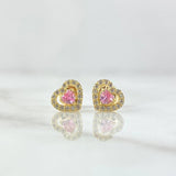 Stud Earrings Heart 1.1gr / 7mm White Zircons Pink Yellow Gold 18K ©