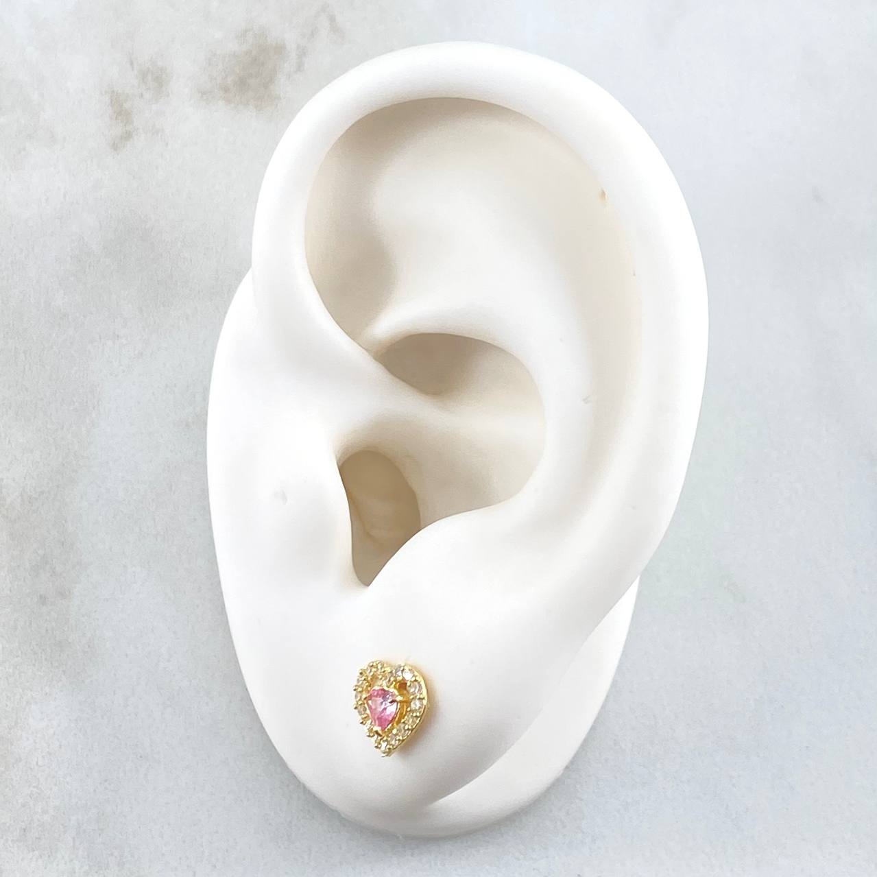Stud Earrings Heart 1.1gr / 7mm White Zircons Pink Yellow Gold 18K ©