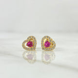 Stud Earrings Heart 1.05gr / 7mm Fuchsia and white Zircon Yellow Gold 18K