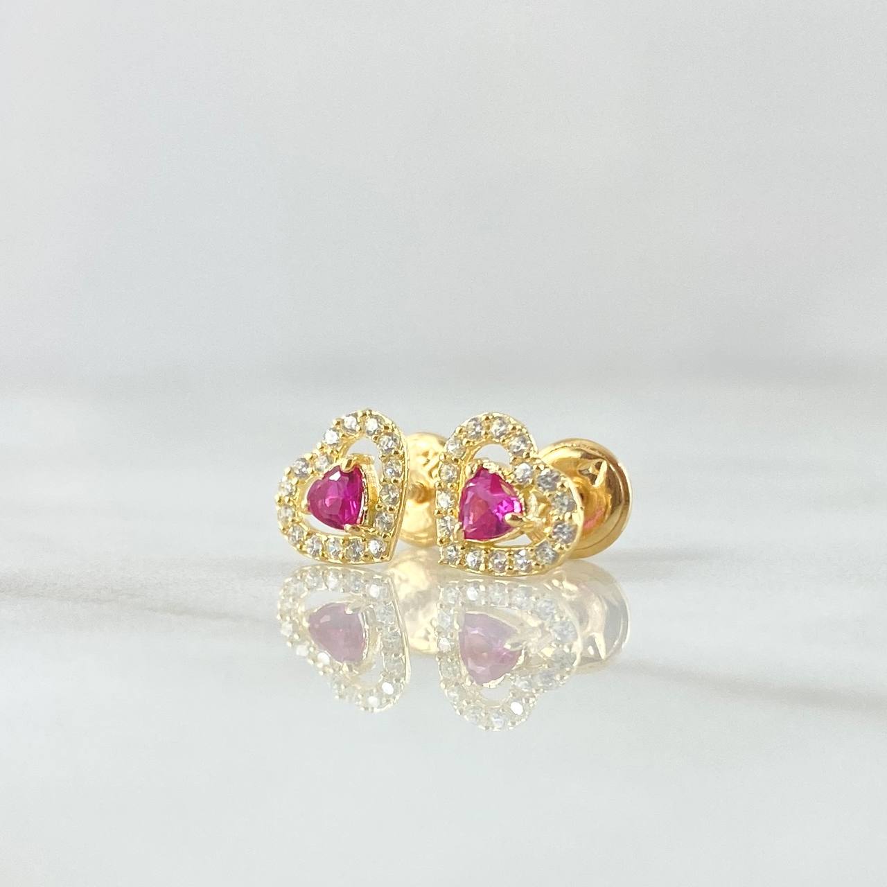 Stud Earrings Heart 1.05gr / 7mm Fuchsia and white Zircon Yellow Gold 18K