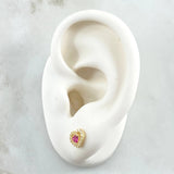 Stud Earrings Heart 1.05gr / 7mm Fuchsia and white Zircon Yellow Gold 18K