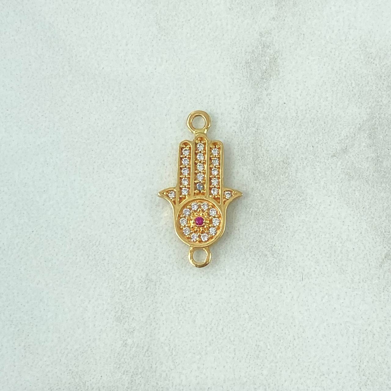 Charm Hamsa Hand 1.2gr / 2cm / White and Fuchsia Zircons 18K Yellow Gold ©