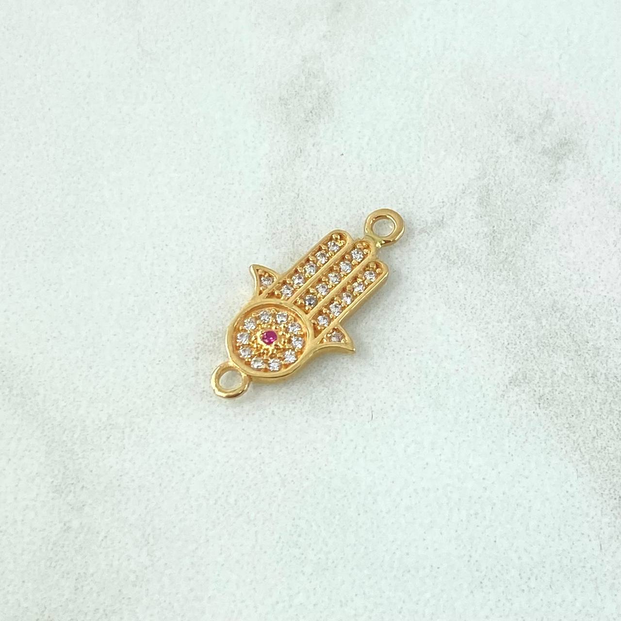 Charm Hamsa Hand 1.2gr / 2cm / White and Fuchsia Zircons 18K Yellow Gold ©