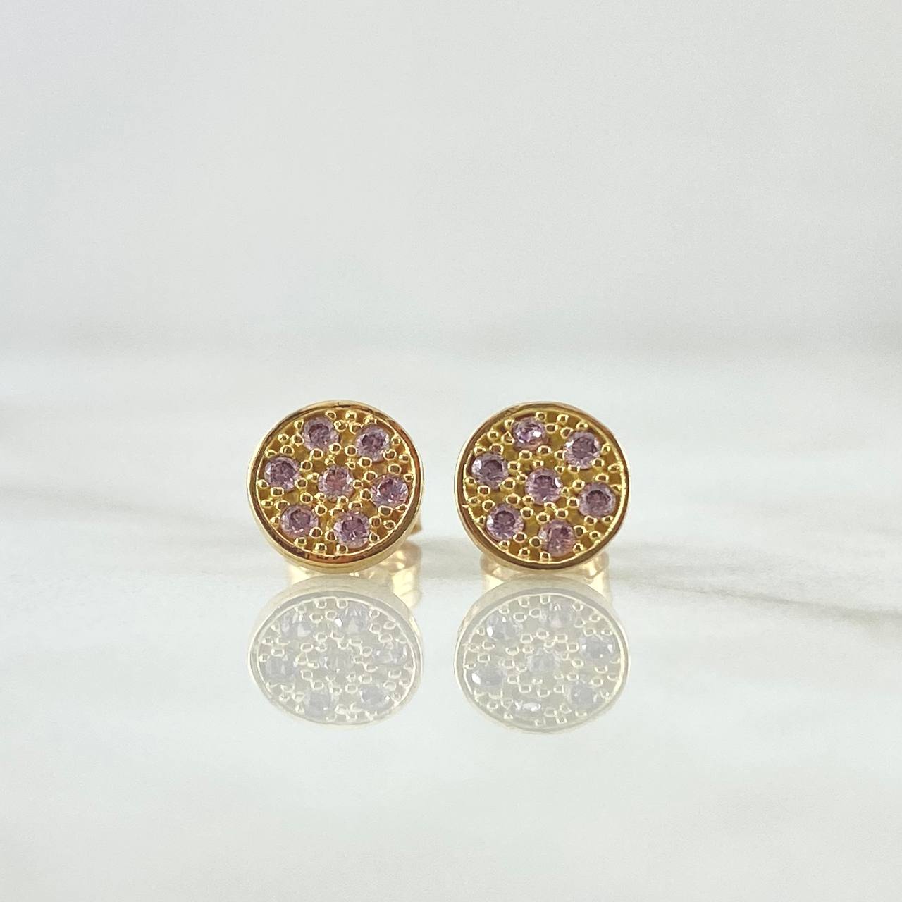 Stud Earrings Flat Circle 1.65gr / 7mm Pink Zirconia 18K Yellow Gold *