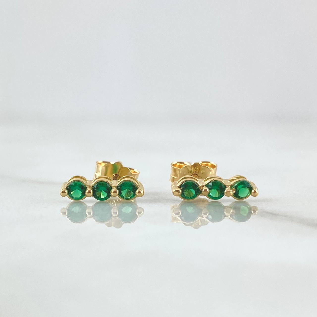 Stud Earrings Triple Oval 1.1gr / 1cm / Green Zircons 18K Yellow Gold *