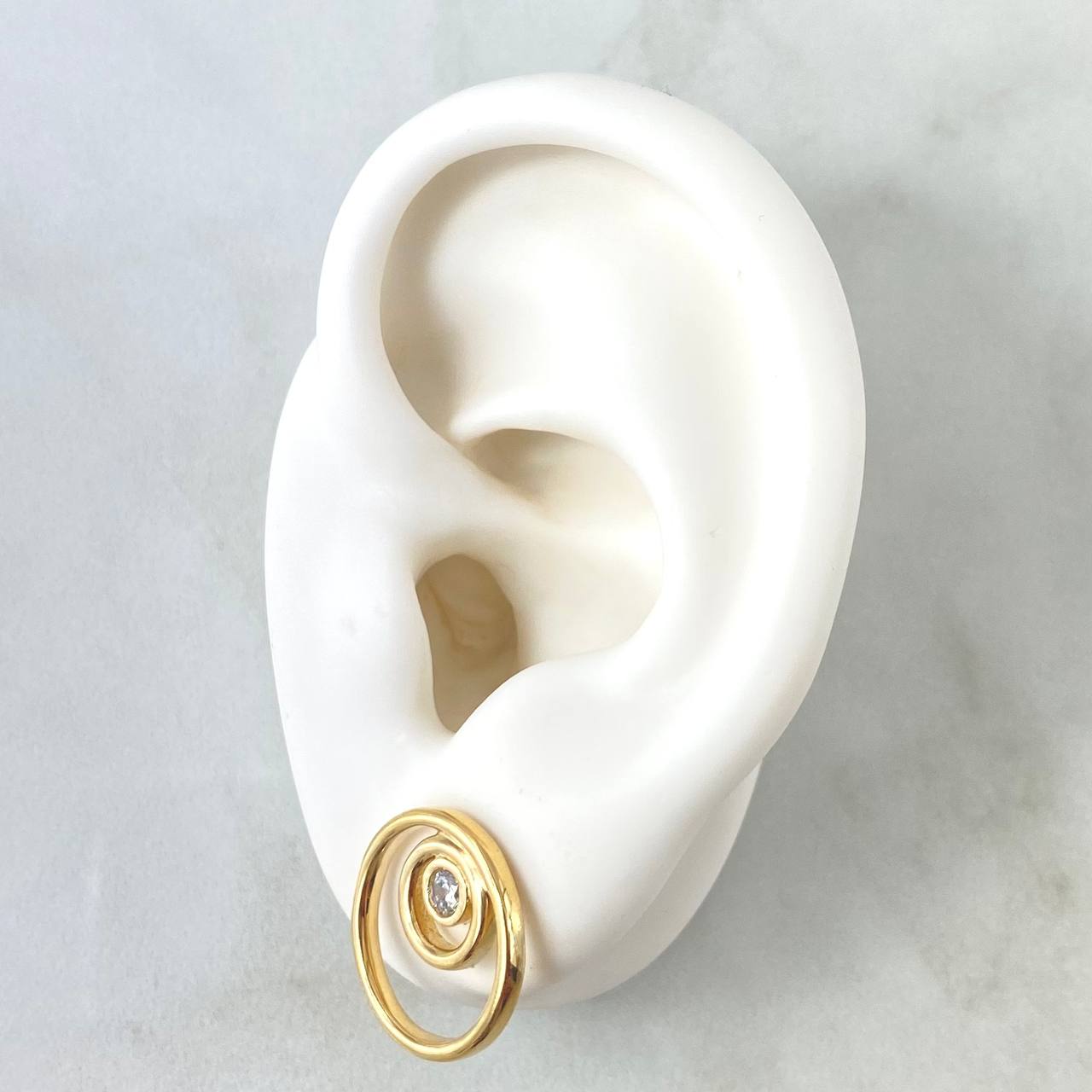 Stud Earrings Double Hoop 4.5gr / 1.6cm / White Zircon Yellow Gold 18K *