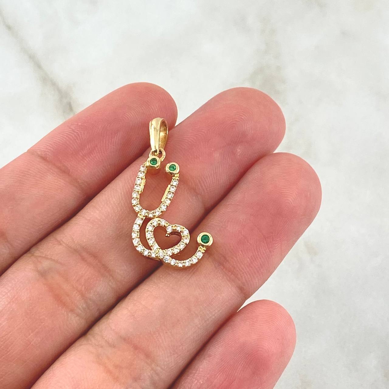 Pendant Stethoscope 2.3gr / 2.8cm / White Green Zircons 18K Yellow Gold *