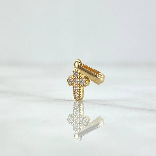 Dije Cruz Mini Basteada 0.65gr / 1.5cm / Circones Blancos Oro Amarillo 18K