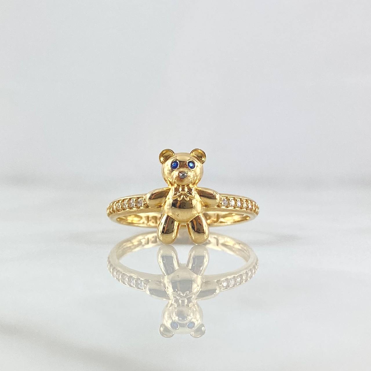 Bear Ring In Half Churumbela 2.4gr / Size 7 1/2 / Blue Zircon Eyes White Zircons 18K Yellow Gold *