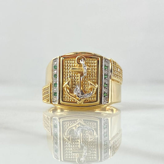 Anchor Ring 9.25gr / Size 10 1/2 White and Green Zircons Two-tone Yellow and White Gold 18K *
