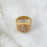 Cross Christ Ring Triangular Points 11.5gr / Size 9 3/4 / White Zircons Three 18K Golds *