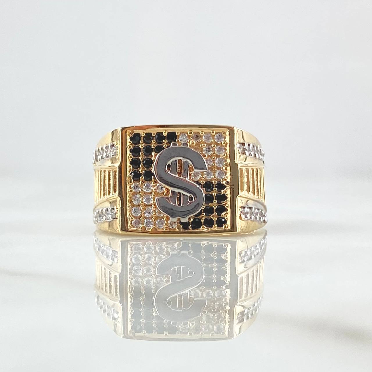 Anillo Signo Peso 6.75gr / T9 3/4 / Circones Blancos Y Negros Dos Oros Amarillo Blanco 18K *