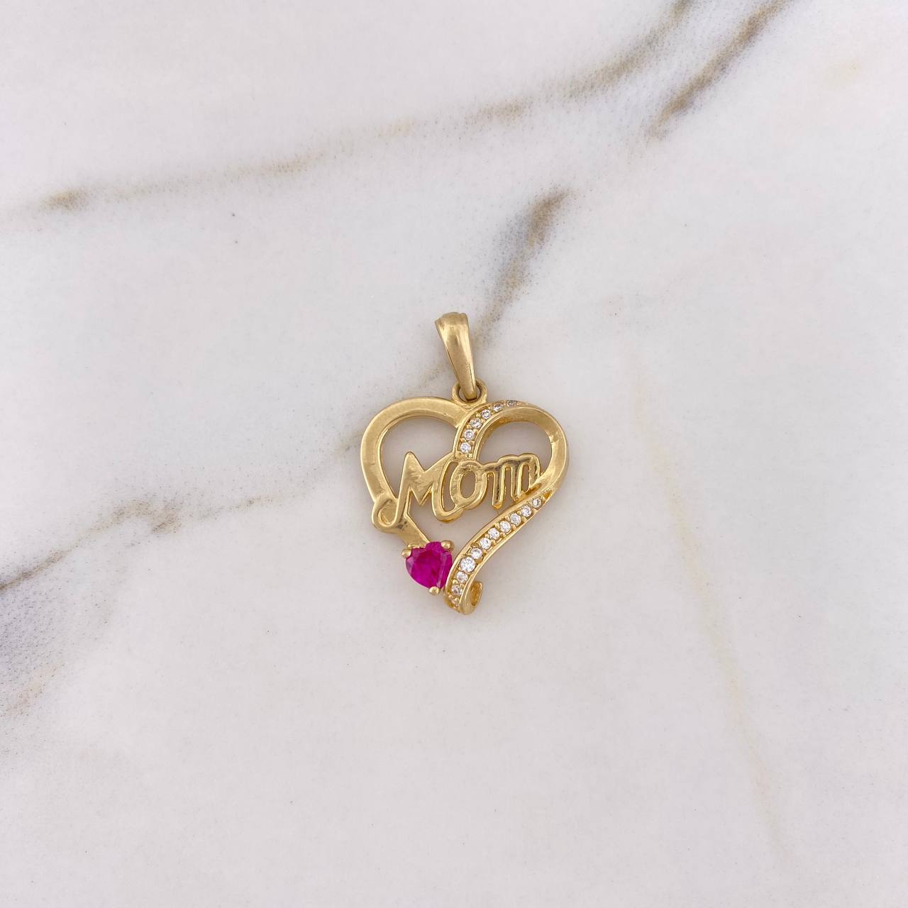 Pendant Heart Silhouette Mom 2.75gr / 2.6cm / White Fuchsia Zircons 18K Yellow Gold #